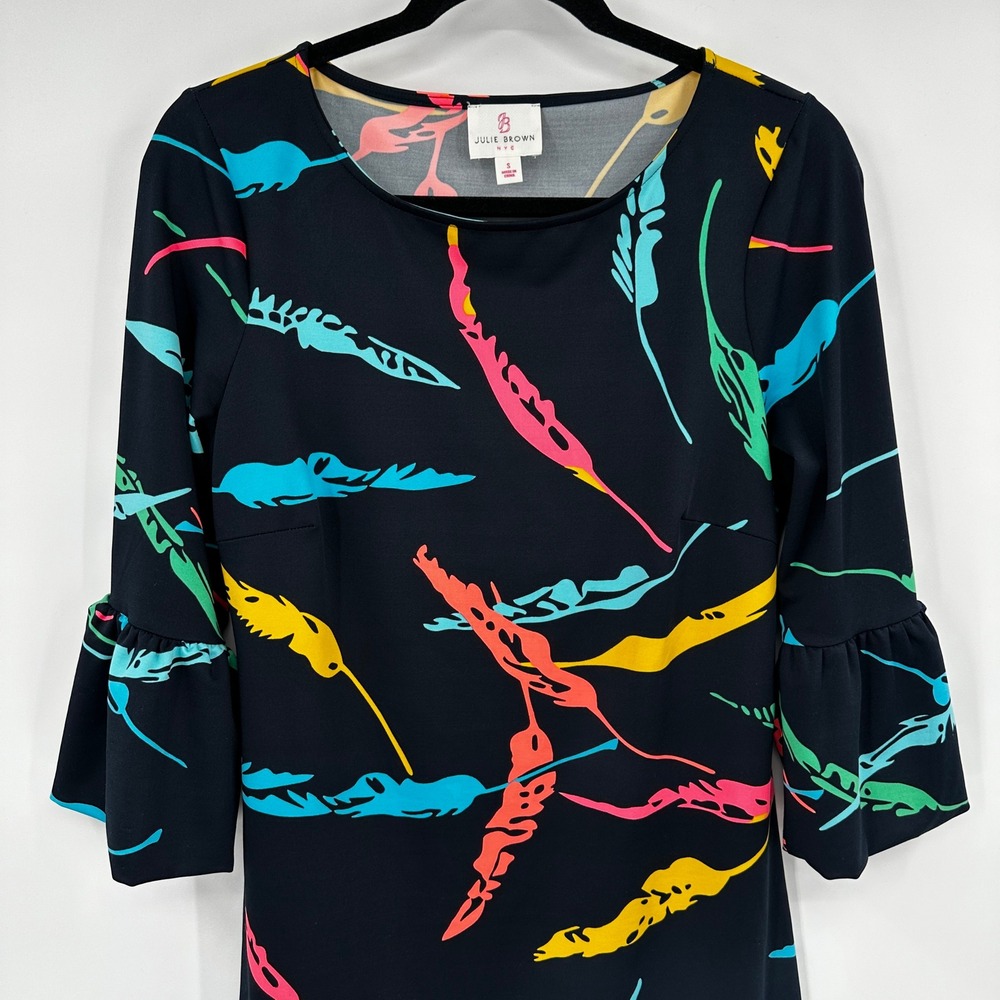 Julie Brown Womens Small Black Neon Bold Feather Print Ruffle Bell Sleeve Dress - Picture 2 of 9